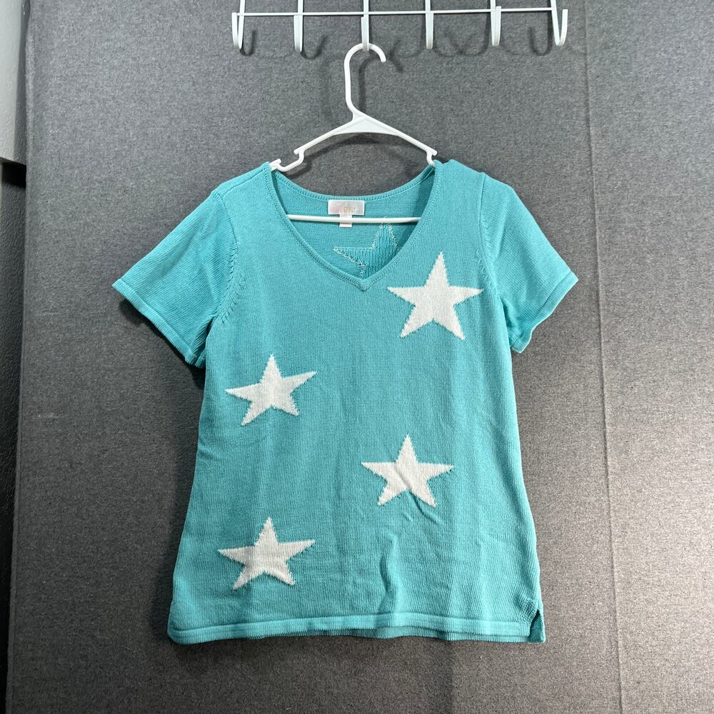 Belle by Kim Gravel Star Short Sleeve Sweater Blue Size Small